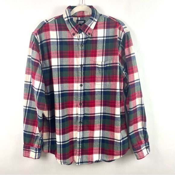 Lands' End Men's Flannel Button Up Plaid Shirt Standard Fit 100% Cotton Soft L - Picture 1 of 13